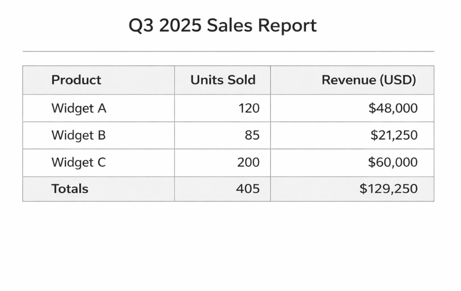 Sample PDF table — Q3 2025 Sales Report